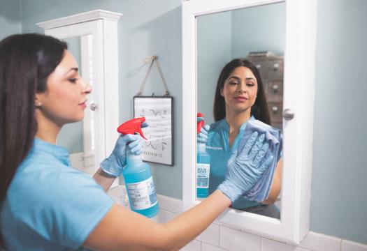 Merry Maids cleaning a bathroom window